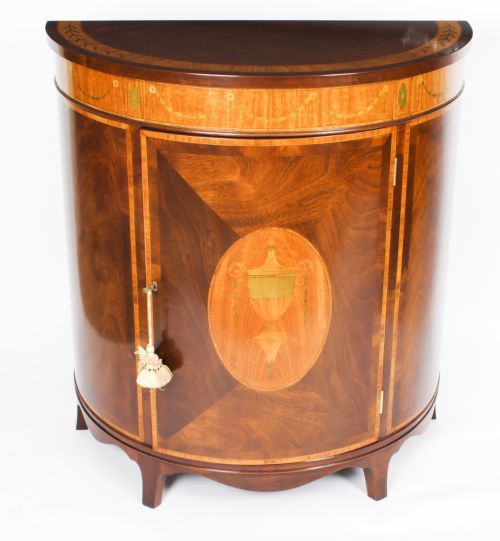 fig 1. Antique Pair Flame Mahogany Demi Lune Cabinets Circa 1910