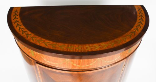 fig 3. Antique Pair Flame Mahogany Demi Lune Cabinets Circa 1910