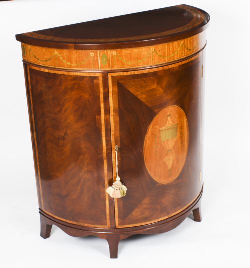 fig 4. Antique Pair Flame Mahogany Demi Lune Cabinets Circa 1910