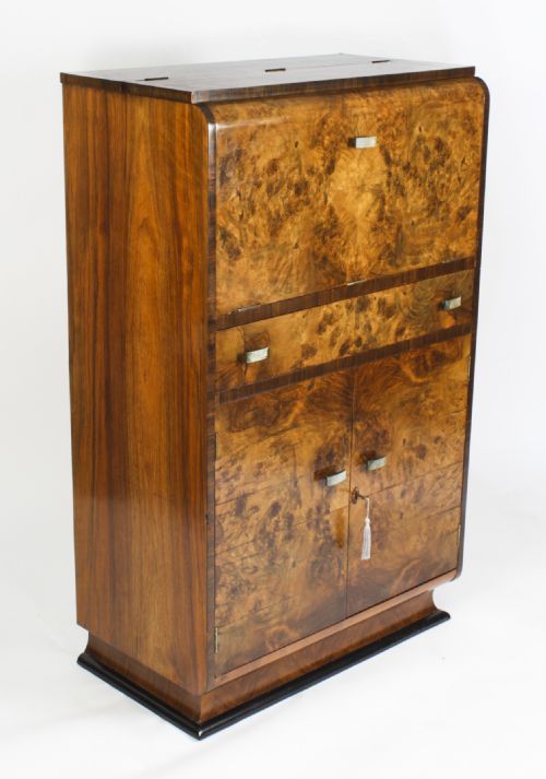 Antique Art Deco Burr Walnut Cocktail Cabinet Dry Bar & Glassware C.1920
