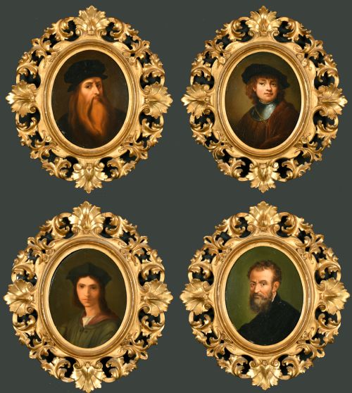 Antique Set of 4 Old Master Portraits Carved Giltwood Florentine Frames 19th C
