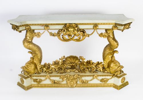 Antique Painted & Gilded Dolphins Console Pier Table C.1890
