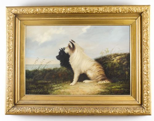 Antique Oil Painting Two Terriers by J. Langlois 19th C
