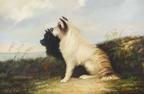 fig 1. Antique Oil Painting Two Terriers by J. Langlois 19th C
