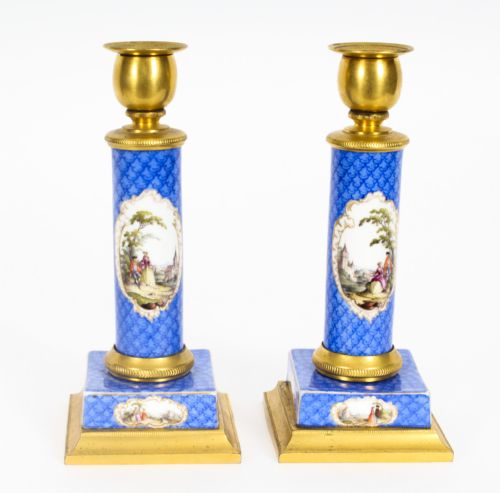 Antique Pair Sevres Porcelain Mounted Ormolu Candlesticks C.1870 19th C
