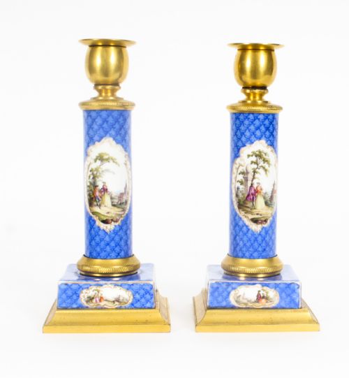 fig 1. Antique Pair Sevres Porcelain Mounted Ormolu Candlesticks c.1870 19th C