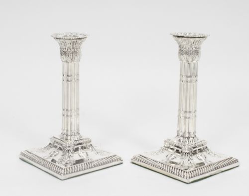 Antique Pair Adam Revival Silver Plated Candlesticks 19th C
