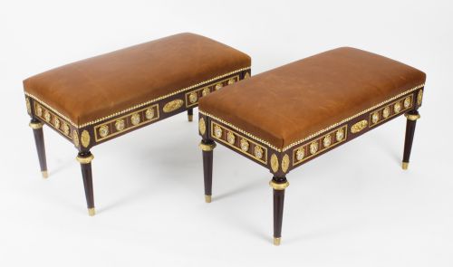 Antique Pair Ormolu Mounted Leather Ottomans Window Seats Stools Circa 1900
