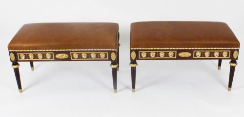 fig 1. Antique Pair Ormolu Mounted Leather Ottomans Window Seats Stools Circa 1900
