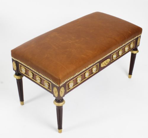 fig 3. Antique Pair Ormolu Mounted Leather Ottomans Window Seats Stools Circa 1900

