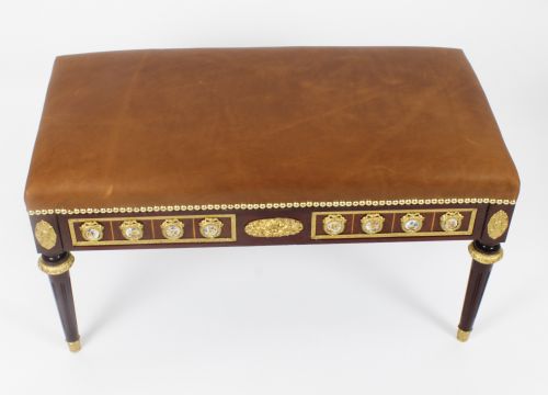 fig 4. Antique Pair Ormolu Mounted Leather Ottomans Window Seats Stools Circa 1900
