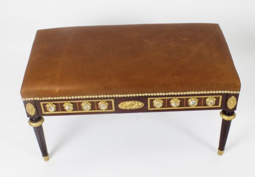 fig 6. Antique Pair Ormolu Mounted Leather Ottomans Window Seats Stools Circa 1900
