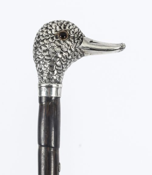 fig 1. Antique Walking Stick Cane Sterling Silver Duck Head Handle 1938 20th C
