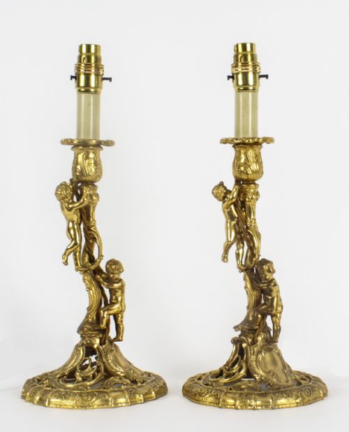 Antique Pair French Ormolu Rococo Cherub Table Lamps C1870 19th C
