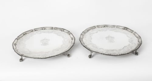 fig 1. Antique Pair Sterling Silver Salvers by John Carter 1772 18th C