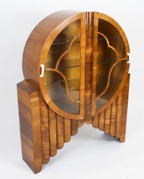 Antique Art Deco Figured Walnut Rocket Display Cabinet C.1920
