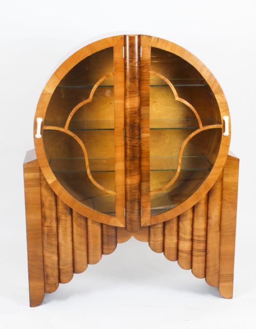 fig 1. Antique Art Deco Figured Walnut Rocket Display Cabinet c.1920