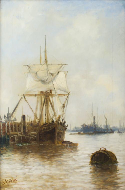 ANTIQUE ENGLISH OIL ON CANVAS PAINTING OF A RIVER SCENE EDWARD FLETCHER 19TH C - ADDITIONAL PHOTO 1