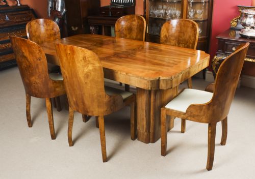 Antique Art Deco Burr Walnut Dining Table & 6 Cloud Back Chairs 20th C
