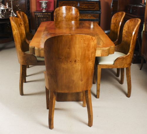 fig 1. Antique Art Deco Burr Walnut Dining Table & 6 Cloud Back Chairs 20th C