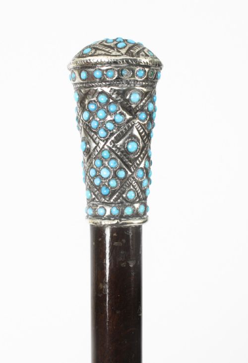 fig 1. Antique French Silver Turquoise Walking Cane Stick 19th Century