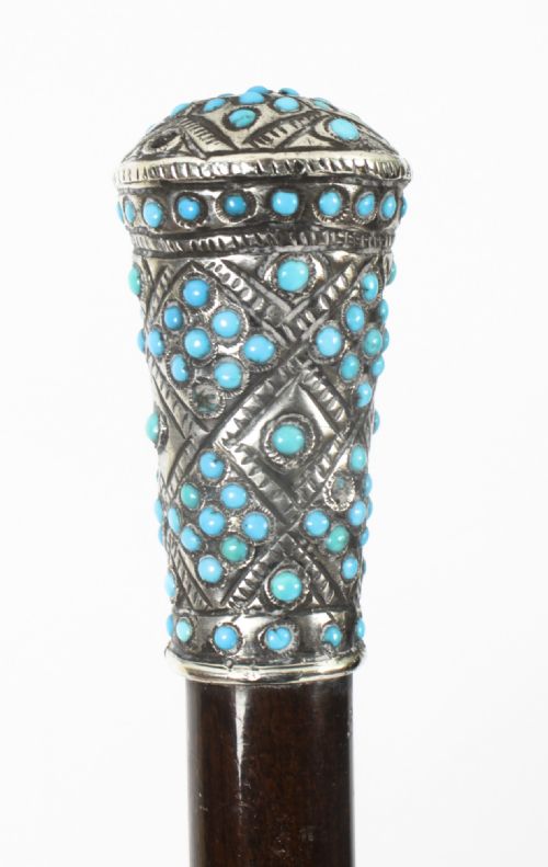 fig 3. Antique French Silver Turquoise Walking Cane Stick 19th Century