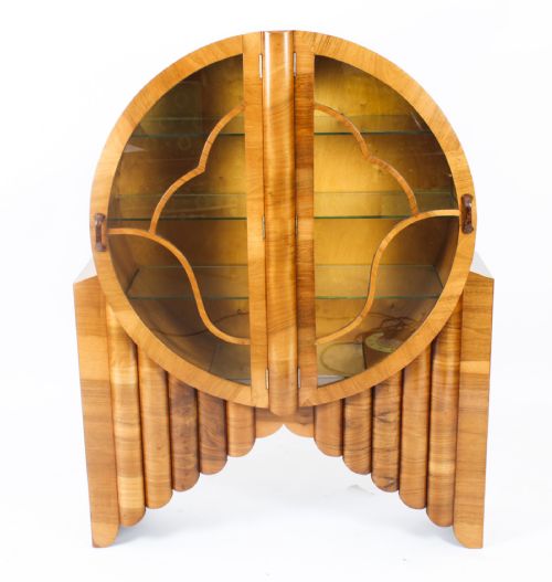 Antique Art Deco Burr Walnut Rocket Display Cabinet C.1920
