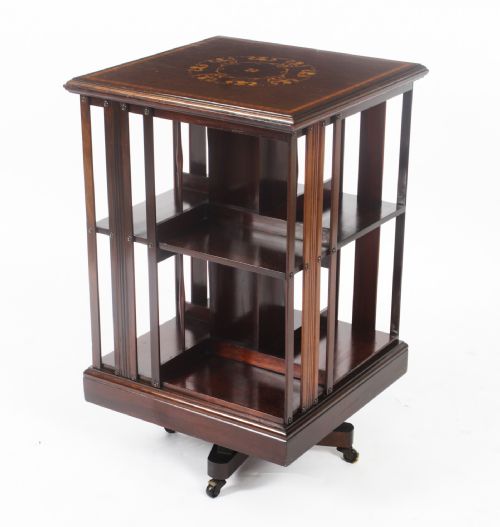 Antique Victorian Marquetry Inlaid Revolving Bookcase 19th C
