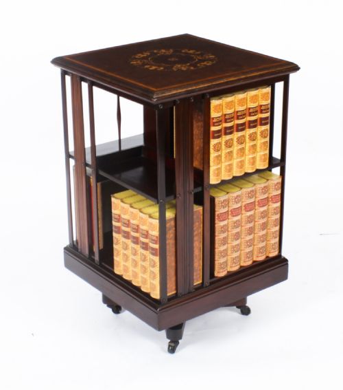 fig 1. Antique Victorian Marquetry Inlaid Revolving Bookcase 19th C