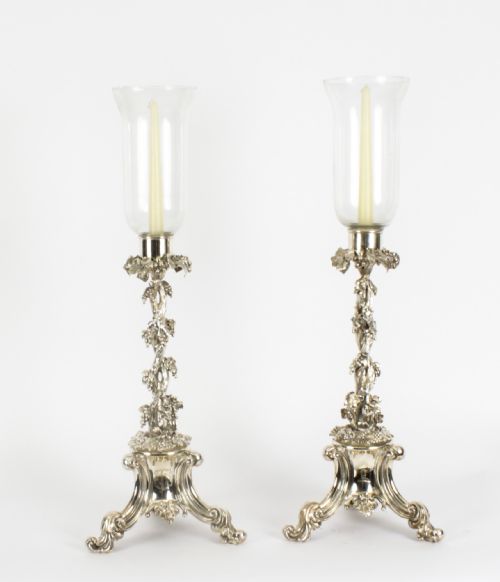 Antique Pair Victorian Silver Plated Storm Lantern Candle Sticks 19th C
