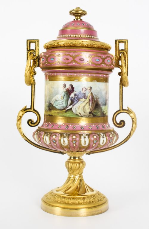 ANTIQUE PAIR FRENCH ORMOLU MOUNTED PINK SEVRES LIDDED VASES 19TH C - ADDITIONAL PHOTO 1