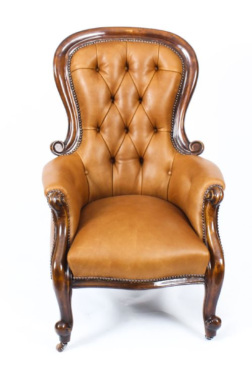 fig 1. Antique Pair English Victorian Mahogany Spoonback Leather Armchairs 19th C