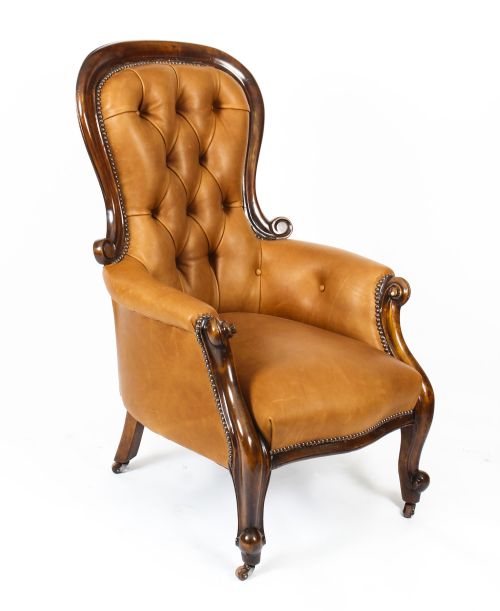 fig 2. Antique Pair English Victorian Mahogany Spoonback Leather Armchairs 19th C