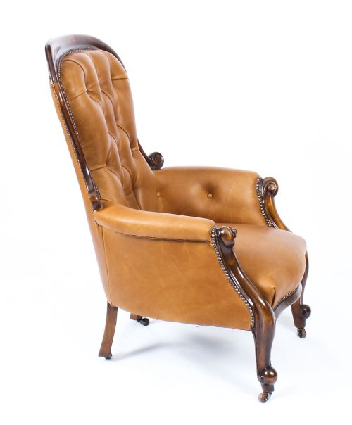 fig 3. Antique Pair English Victorian Mahogany Spoonback Leather Armchairs 19th C