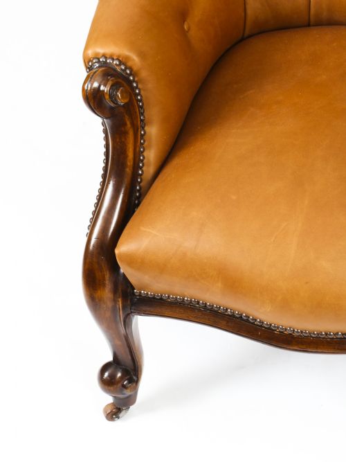 fig 4. Antique Pair English Victorian Mahogany Spoonback Leather Armchairs 19th C