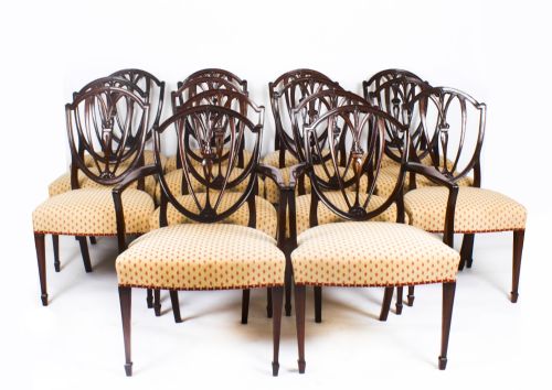 Antique Set 14 Hepplewhite Mahogany Dining Chairs 19th Century
