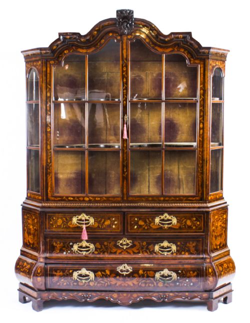 Antique Dutch Marquetry Inlaid Walnut Display Cabinet Vitrine 18th C
