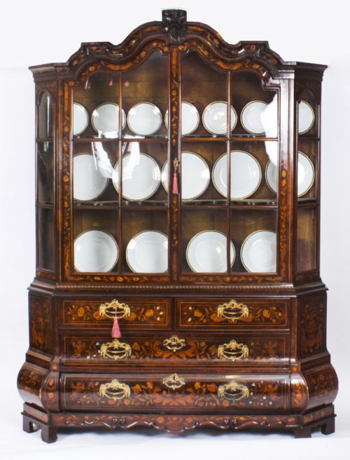 fig 1. Antique Dutch Marquetry Inlaid Walnut Display Cabinet Vitrine 18th C