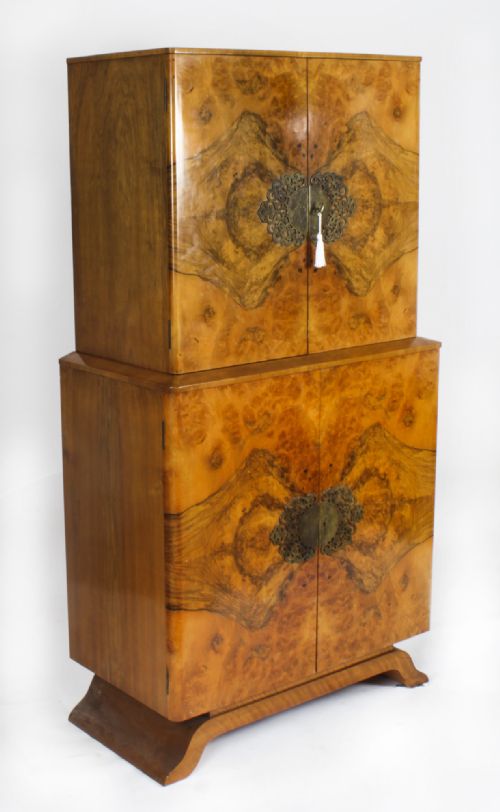 Antique Art Deco Burr Walnut Cocktail Cabinet Dry Bar C.1920
