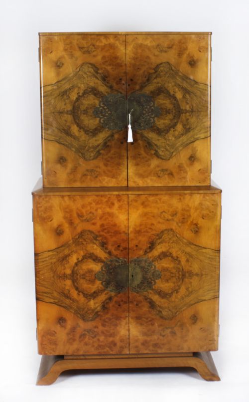 fig 1. Antique Art Deco Burr Walnut Cocktail Cabinet Dry Bar c.1920
