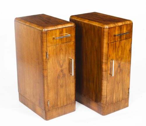 Antique Pair Art Deco Figured Walnut Bedside Cabinets 1920
