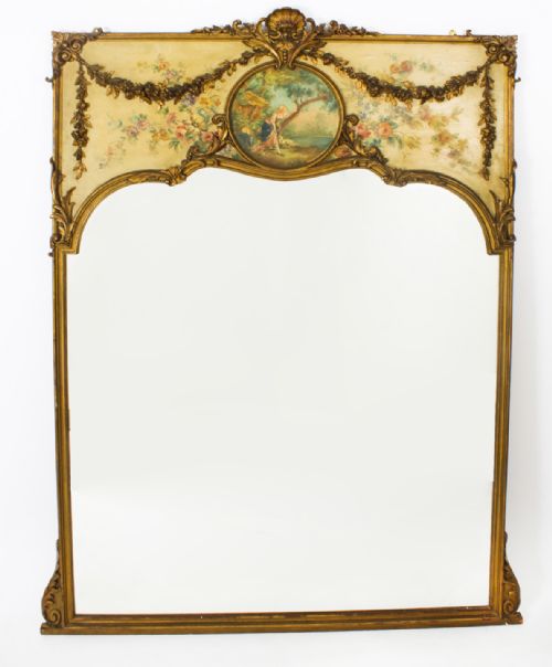 Antique French Painted & Parcel Gilt Trumeau Mirror 19th C 162x114cm
