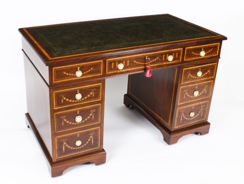 Antique Victorian Inlaid Mahogany Pedestal Desk by Edwards & Roberts 19th C
