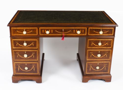 fig 1. Antique Victorian Inlaid Mahogany Pedestal Desk by Edwards & Roberts 19th C