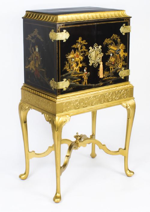 Antique Chinoiserie Lacquer Cabinet on Giltwood Stand Circa 1900
