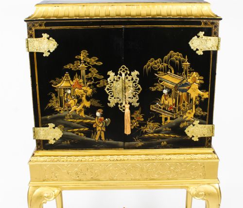 fig 1. Antique Chinoiserie Lacquer Cabinet on Giltwood Stand Circa 1900