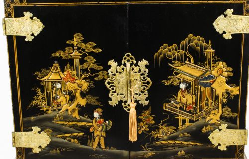 fig 2. Antique Chinoiserie Lacquer Cabinet on Giltwood Stand Circa 1900
