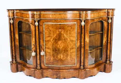 Antique Victorian Serpentine Burr Walnut Marquetry Credenza 19th C
