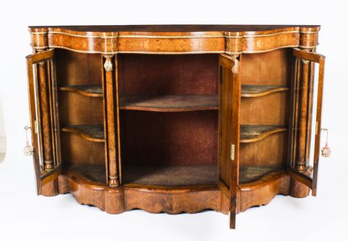 fig 1. Antique Victorian Serpentine Burr Walnut Marquetry Credenza 19th C