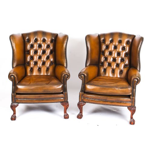 Antique Pair Leather Chippendale Wingback Armchairs C.1920
